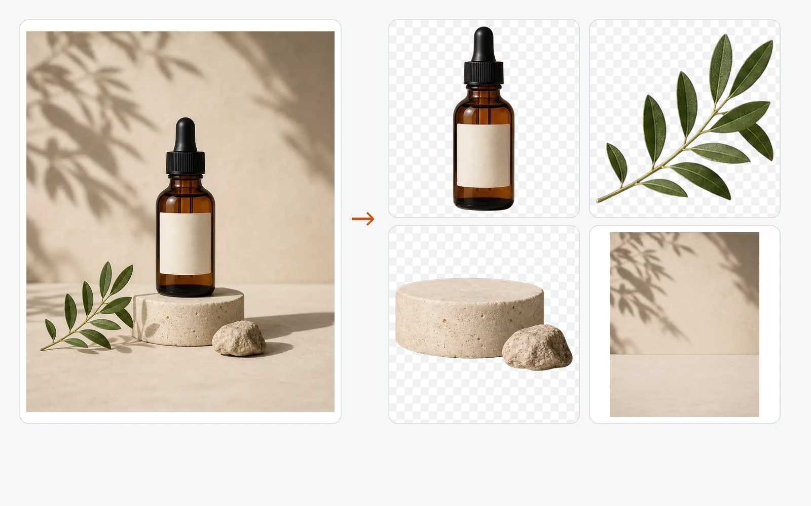 Cosmetic product photo separated into editable product, label, shadow, prop, and rebuilt background layers