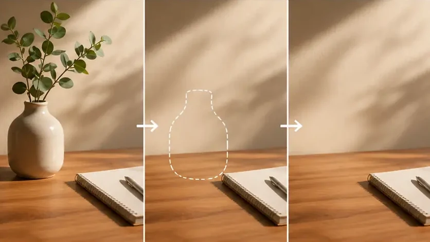 AI reconstructs hidden background areas while separating foreground, shadow, and background layers.