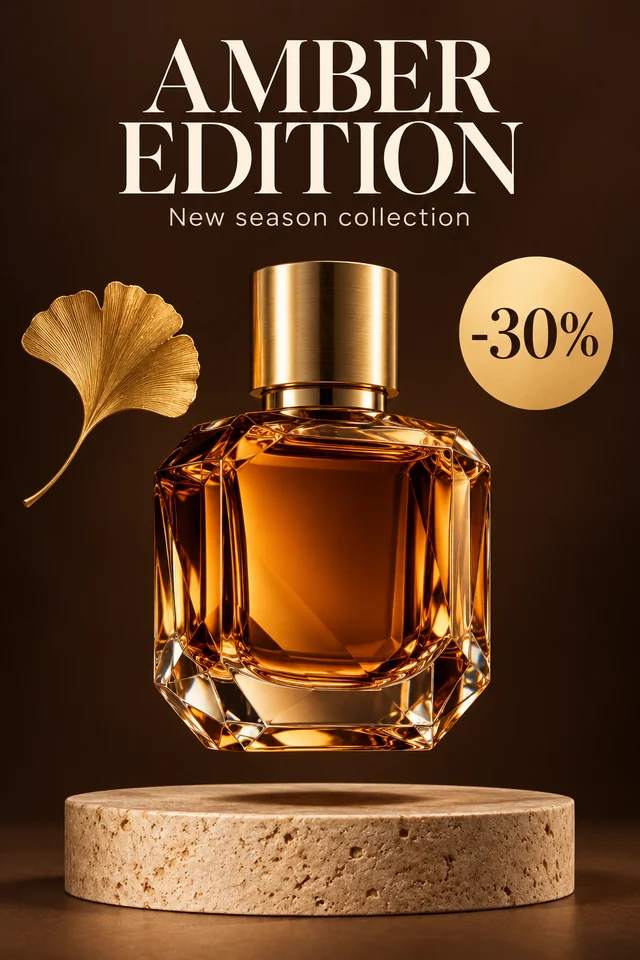 Amber perfume poster with the headline AMBER EDITION, a gold -30% badge, a ginkgo leaf and a travertine pedestal